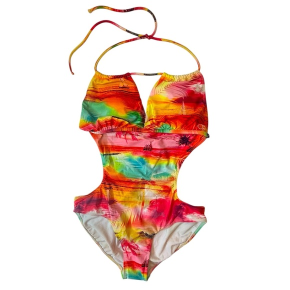 OP Ocean Pacific Multi Colored One Piece Monokini Backless Halter Large (Jr) - Picture 1 of 6
